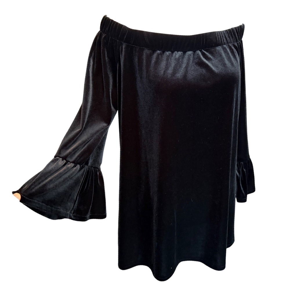 Calvin Klein Womens Black Velvet Off Shoulder Bell Sleeve Top XL Witchy